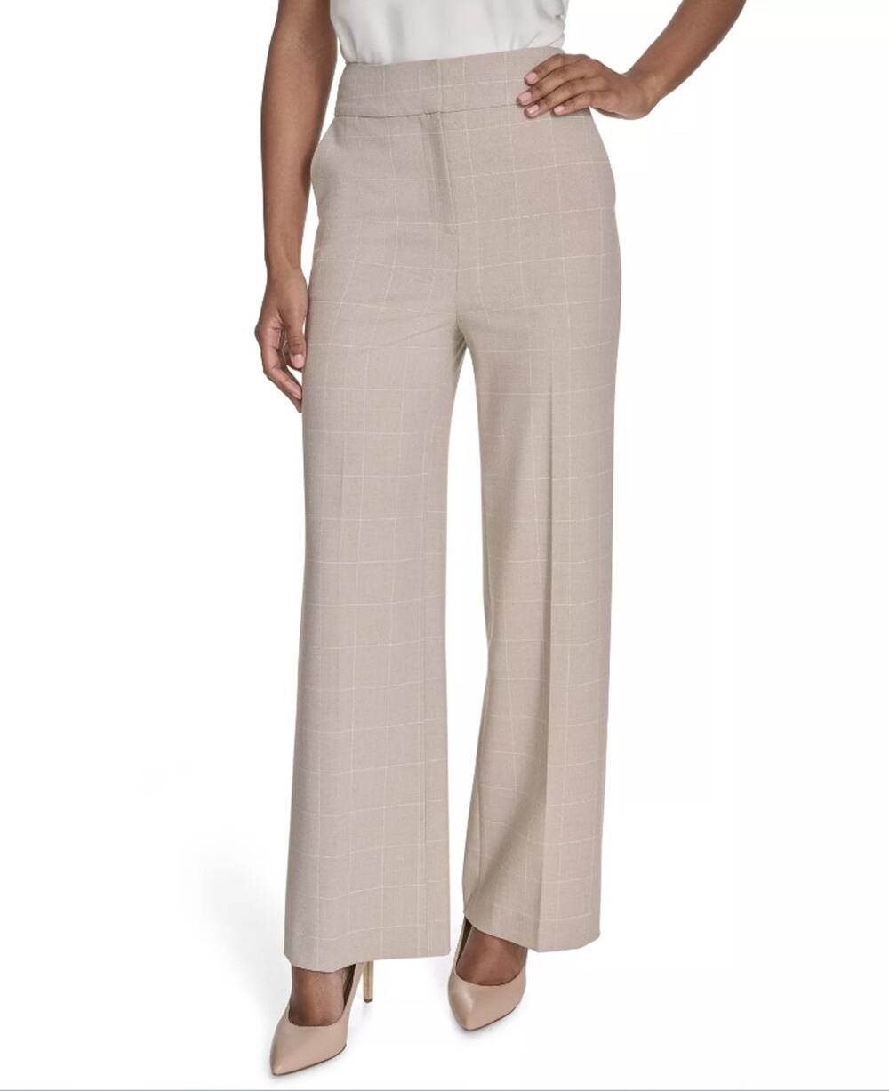 Calvin Klein Women Beige Windowpane Print Wide Leg Flat Front Pants Size 14W